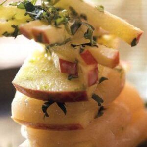 recette-Noix de Saint Jacques en mille-feuille, tartare et Pommes de Savoie